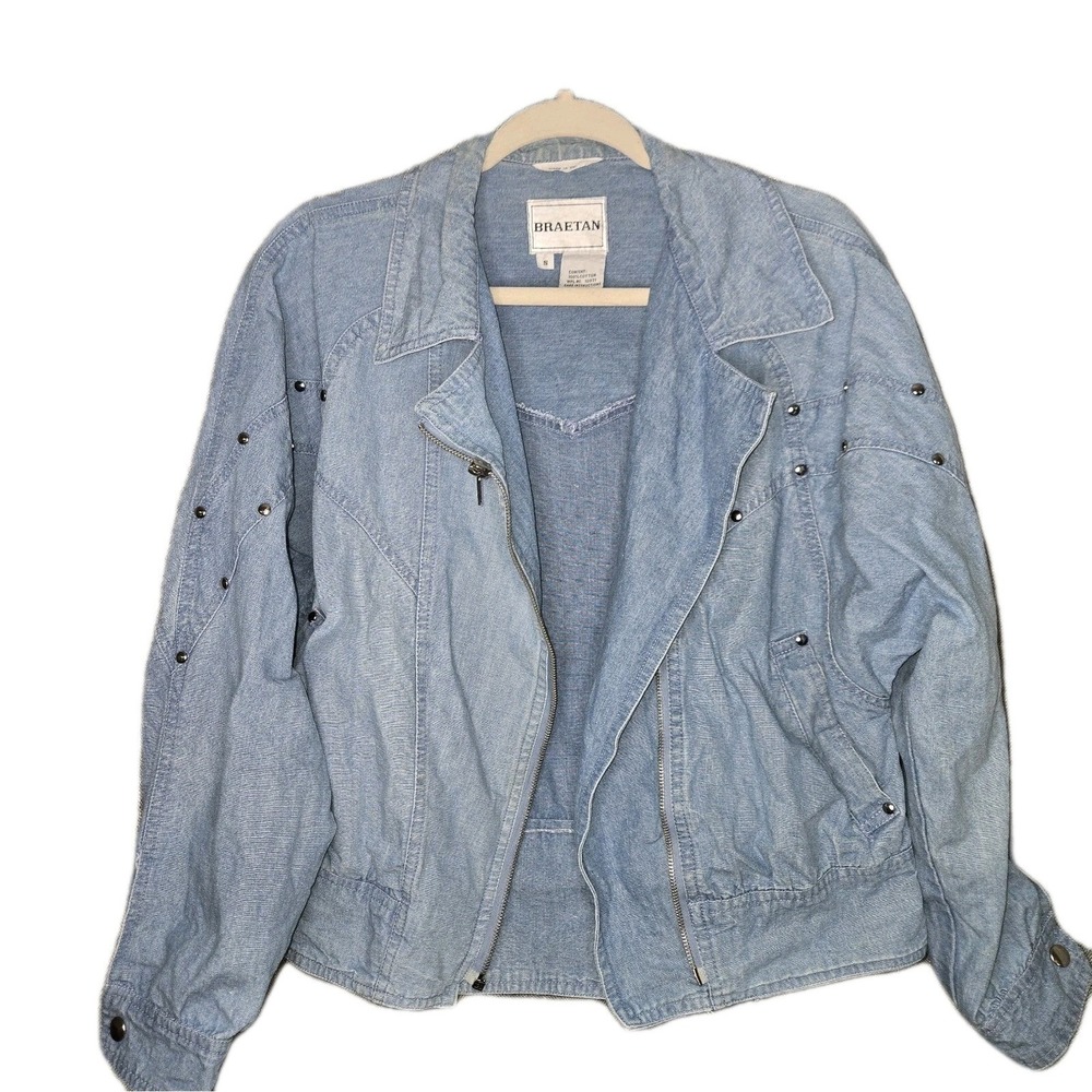 Vintage Braetan Denim Moto Jacket Light Wash Studded Cotton Asymmetrical Zip S
